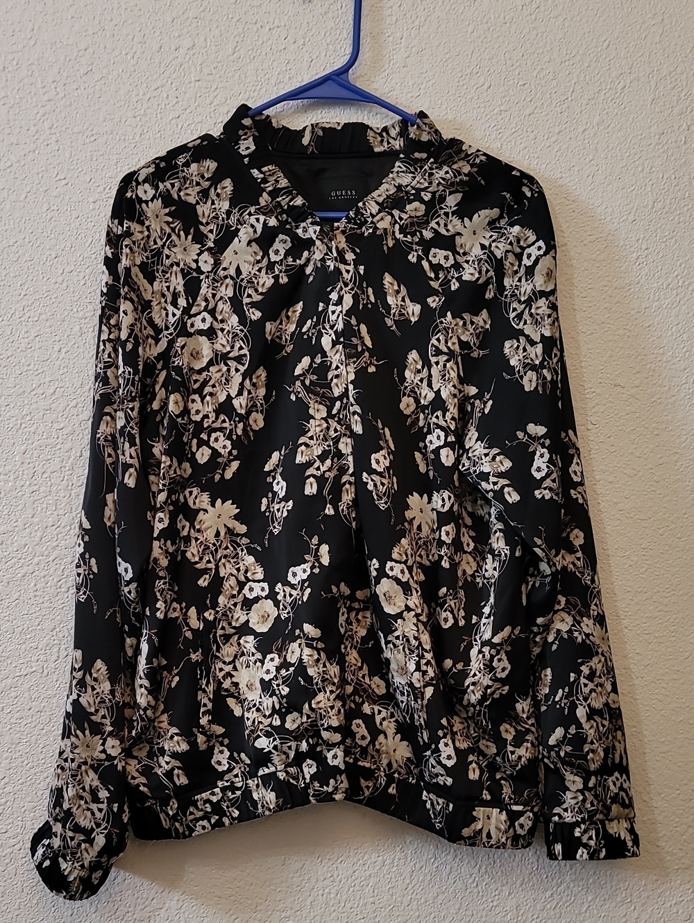 Guess Black Long-Sleeve Floral Blouse with Cream Print